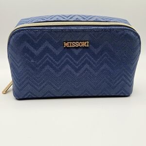 NEW Missoni Delta Luxury Blue Chevron Gold Logo Travel Cosmetic Case Bag